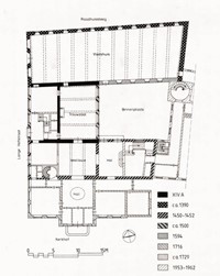 <p>Faseringsplattegrond van het stadhuiscomplex. (tek. H. Hundertmark)</p>
